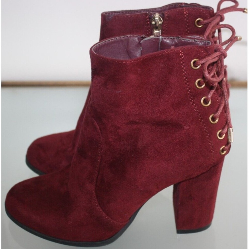 Limelight Fashion Boots Maroon Faux Leather Side Zip Tie Back Sz 6 Block Heel